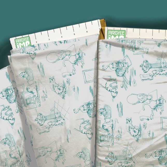 Aqua Blue Kitty Cat Bathroom Toile Fabric (close-up with ruler)