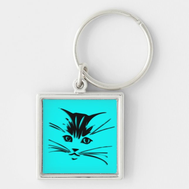 Aqua Blue Kitty Cat Face Key Ring (Front)