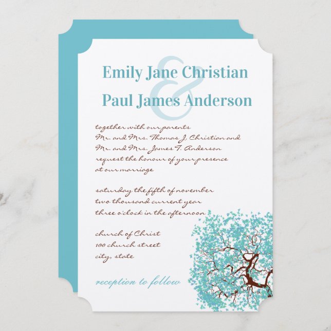 Aqua Blue Leaves Brown Tree  Wedding Invitation (Front/Back)