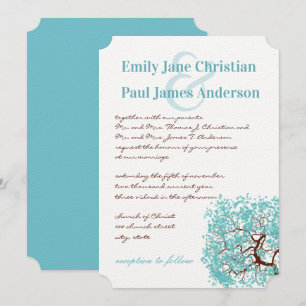 Aqua Blue Leaves Brown Tree  Wedding Invitation