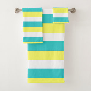 Aqua Blue, Lemon Yellow and White Stripes Bath Towel Set