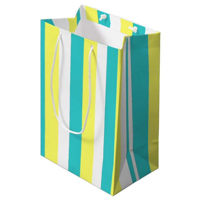 Aqua Blue, Lemon Yellow and White Stripes Medium Gift Bag (Front Angled)