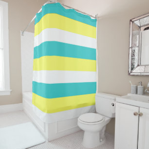 Aqua Blue, Lemon Yellow and White Stripes Shower Curtain