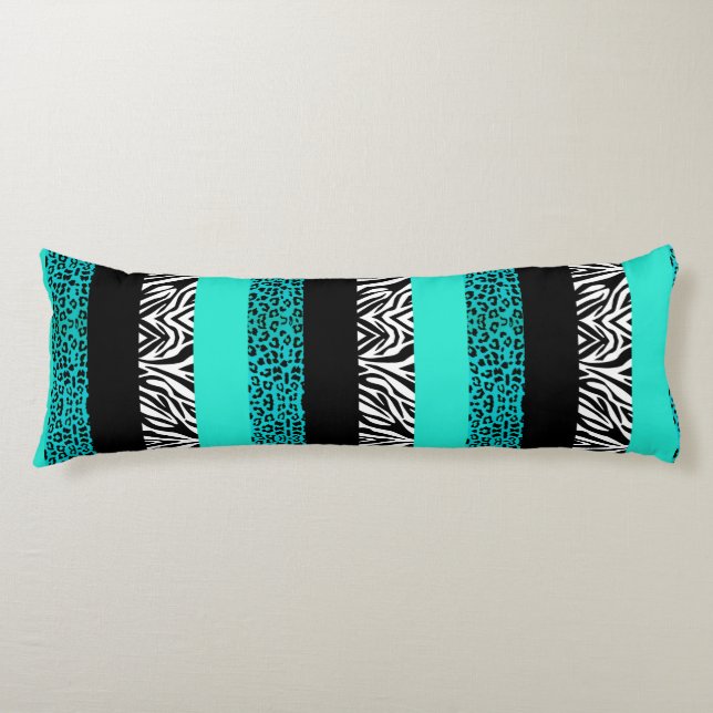 Aqua Blue Leopard and Zebra Animal Print Body Cushion (Front)