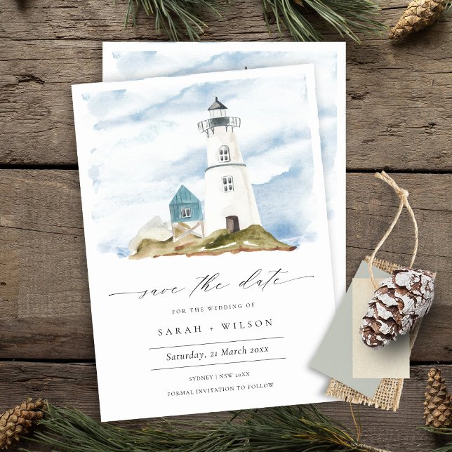 Aqua Blue Lighthouse Mountain Save The Date Invite (Creator Uploaded)