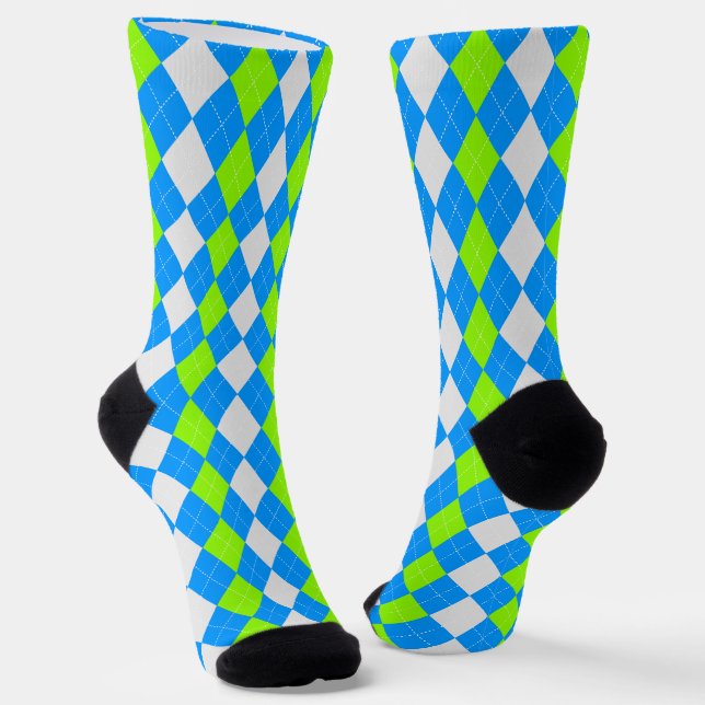AQUA BLUE & LIME GREEN Argyle Pattern Socks (Angled)