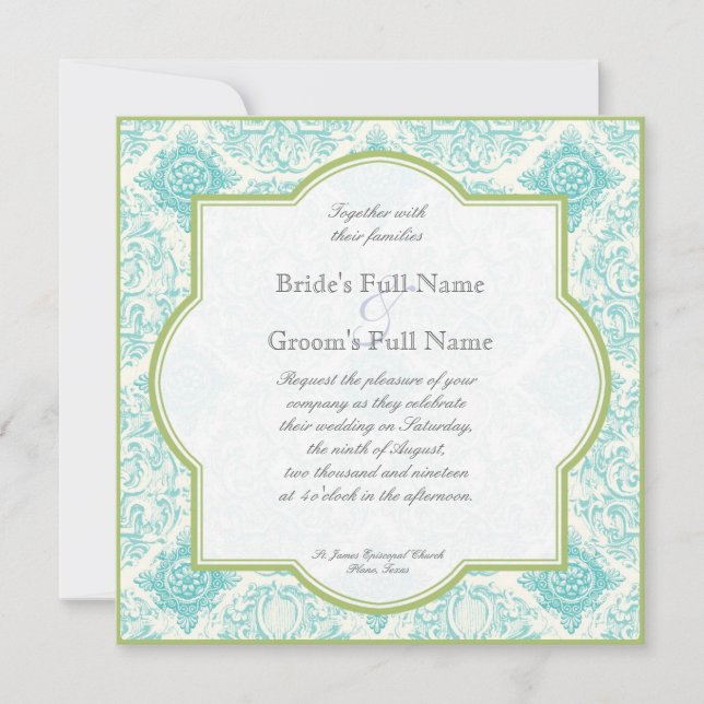 Aqua Blue Lime Iris Quatrefoil Wedding Invite (Front)