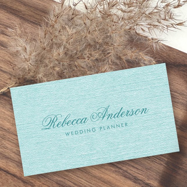 Aqua blue linen chic trendy pretty script business card (Aqua blue linen chic trendy pretty script business card)