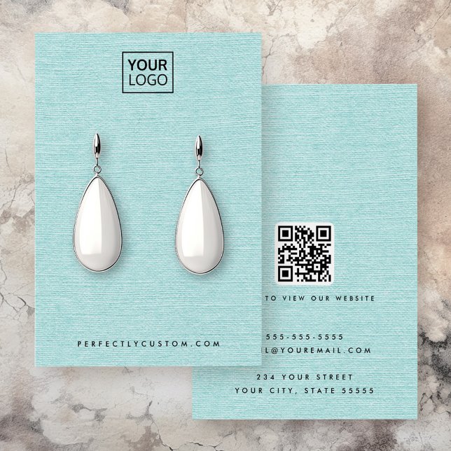 Aqua blue linen look logo QR earring display card (Aqua blue linen look logo QR earring display card)