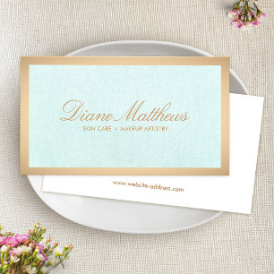 Aqua Blue Linen , Rose Gold Border Skin Care Spa Business Card