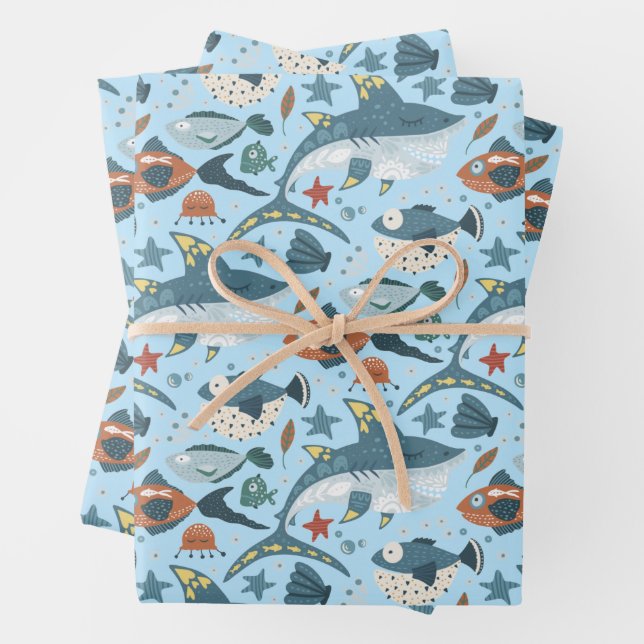 Aqua Blue Little Shark Under The Sea Kids Birthday Wrapping Paper Sheet (In situ)