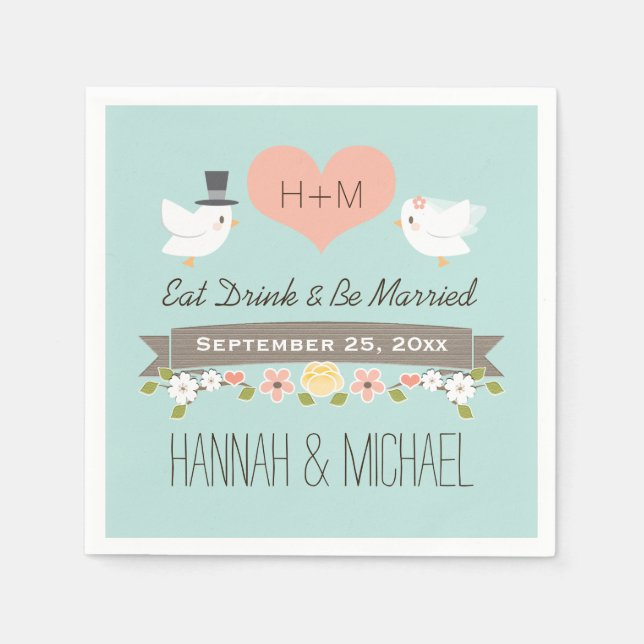 Aqua Blue Love Birds Dove Wedding Napkin (Front)