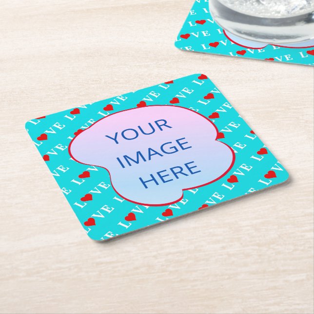 Aqua Blue LOVE Modern Chic Square Paper Coaster (Angled)