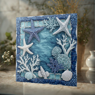 Aqua blue Marine Life Starfish Coral Reef Tropical Ceramic Tile