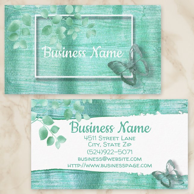 Aqua Blue Metallic Brush Stroke Butterfly Business Card (Creator Uploaded)