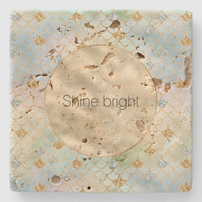 Aqua Blue Mint Gold Glitter Mermaid            Stone Coaster (Front)