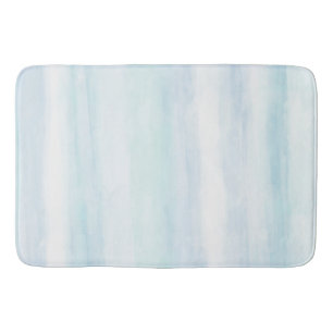 Aqua Blue Mint White Watercolor Stripes Bath Mat