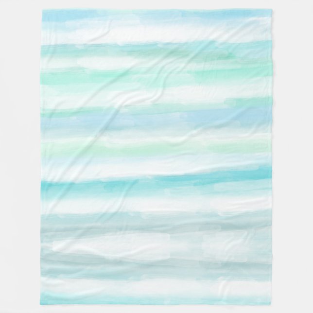 Aqua Blue Mint White Watercolor Stripes II Fleece Blanket (Front)