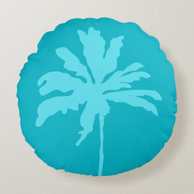  Aqua Blue Modern Tropical Palm Tree Summer Home  Round Cushion (Front)