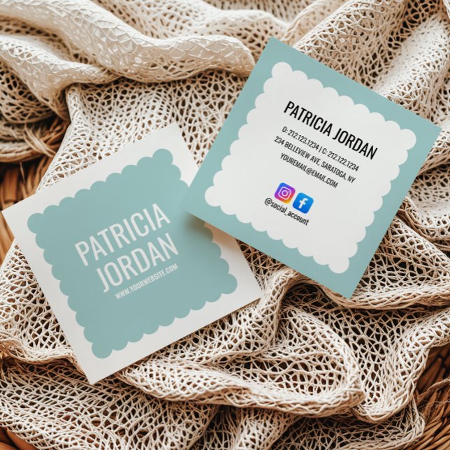 Aqua Blue Modern Wave Simple Social Media Icons Square Business Card (Creator Uploaded)
