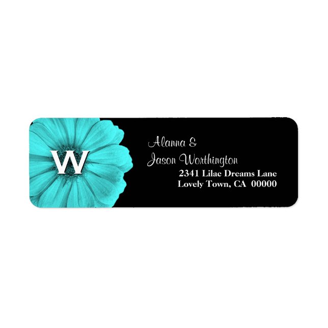 Aqua Blue Monogram Daisy Wedding Return Address Label (Front)