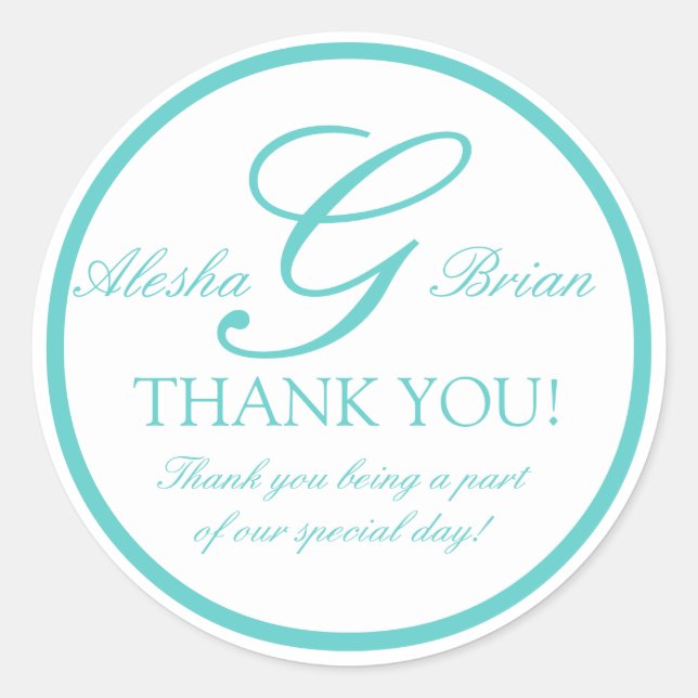Aqua Blue Monogram G Wedding Favour Stickers (Front)