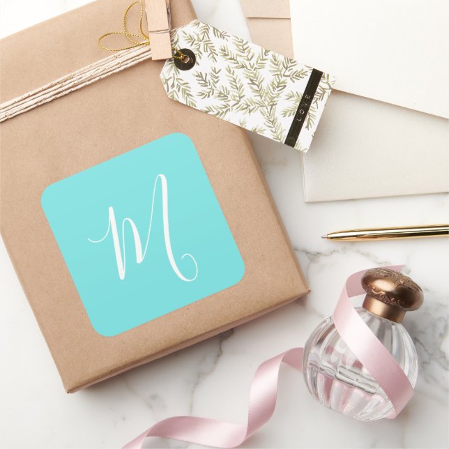Aqua Blue  Monogram Initial  Square Sticker (Gifting)
