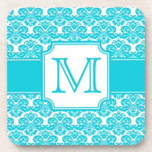 Aqua Blue Monogrammed Damask Coaster