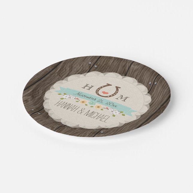 Aqua Blue Monogrammed Horseshoe Heart Wedding Paper Plate (Angled)