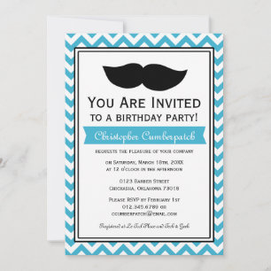 Aqua Blue Moustache Chevron Birthday Party Invitation