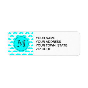 Aqua Blue Moustache Pattern, Aqua Black Monogram Return Address Label