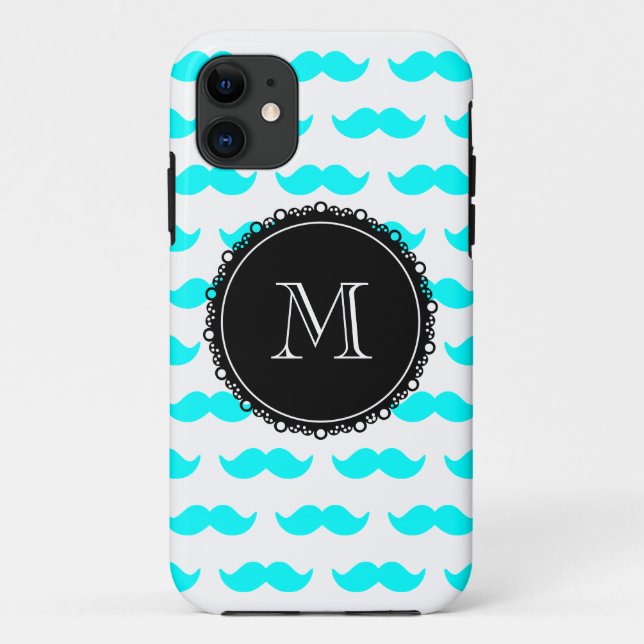 Aqua Blue Moustache Pattern, Black White Monogram Case-Mate iPhone Case (Back)