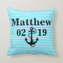 Aqua Blue Name Pillow with Anchor Design