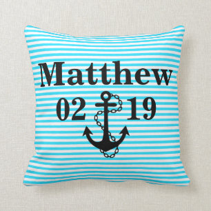 Aqua Blue Name Pillow with Anchor Design