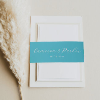 Aqua Blue Names and Wedding Date  Invitation Belly Band