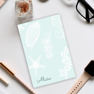 Aqua blue nautical pattern name personalised post-it notes
