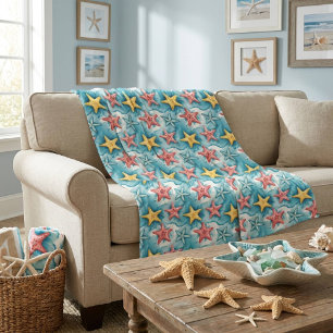 Aqua Blue Nautical Starfish Fleece Blanket