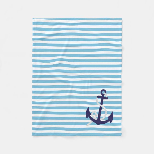 Aqua Blue Nautical Stripes with Navy Blue Anchor Fleece Blanket (Front)
