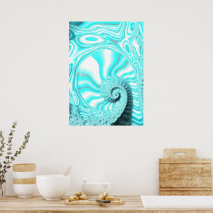 Aqua Blue Nautilus Shell Spiral Fractal Abstract Poster