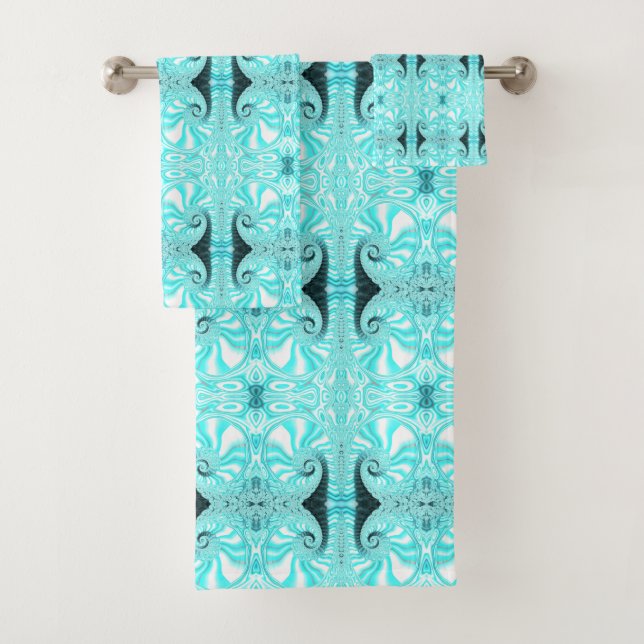 Aqua Blue Nautilus Shell Spiral Fractal Pattern Bath Towel Set (Insitu)