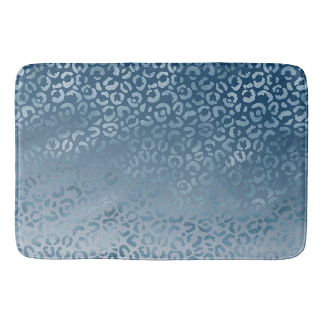 Aqua Blue Navy Ombre Leopard Print Bath Mat (Front)