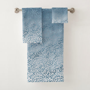 Aqua Blue Navy Ombre Leopard Print Bath Towel Set