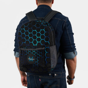 Aqua blue neon honeycomb geometry Monogram Black  Printed Backpack