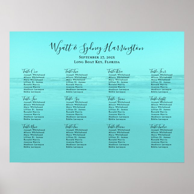 Aqua Blue Ocean Background Table Seating Chart (Front)