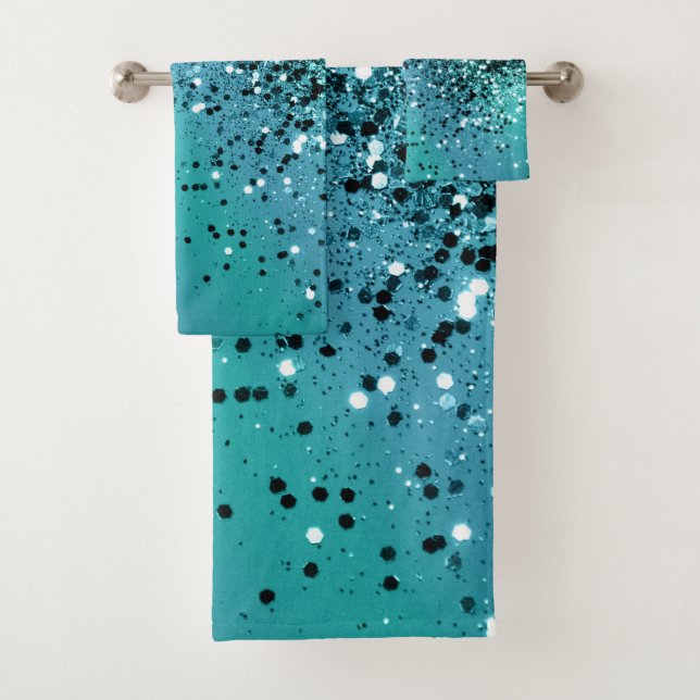 Aqua Blue OCEAN Glitter #1 #shiny Bath Towel Set (Insitu)
