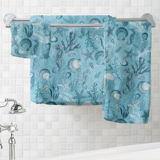 Aqua Blue Ocean Underwater Sea Life Bath Towel Set (Creator Uploaded)