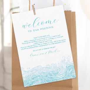 Aqua Blue Ocean Waves Wedding Welcome Itinerary Thank You Card