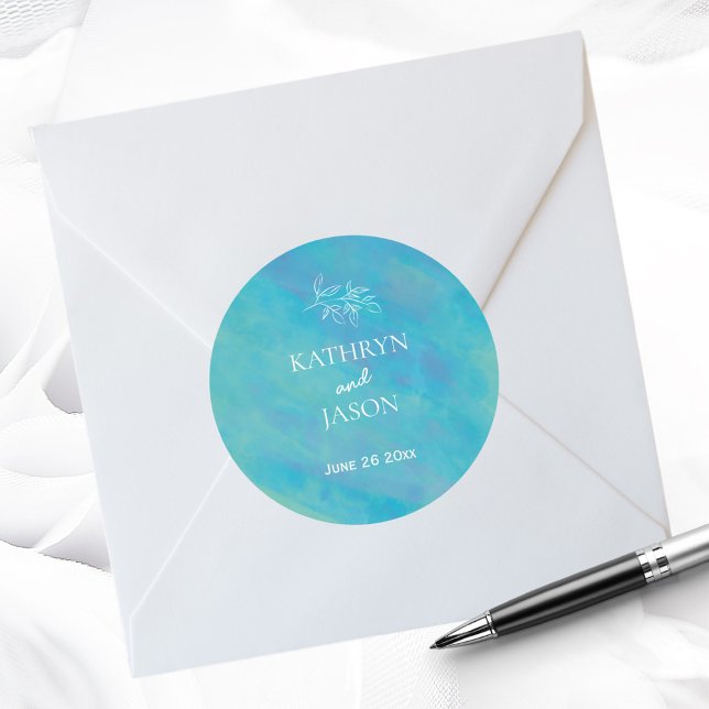 Aqua Blue Ocean Wedding Custom Name Classic Round Sticker (Creator Uploaded)