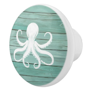 Aqua Blue Octopus Faux Wood Nautical Drawer knob