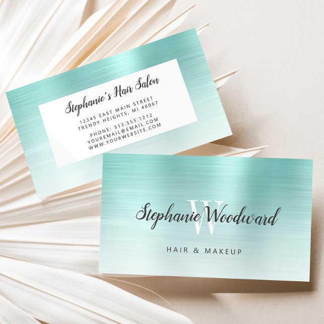 Aqua Blue Ombre Brushed Metal Monogram Hair Salon Business Card (Creator Uploaded)